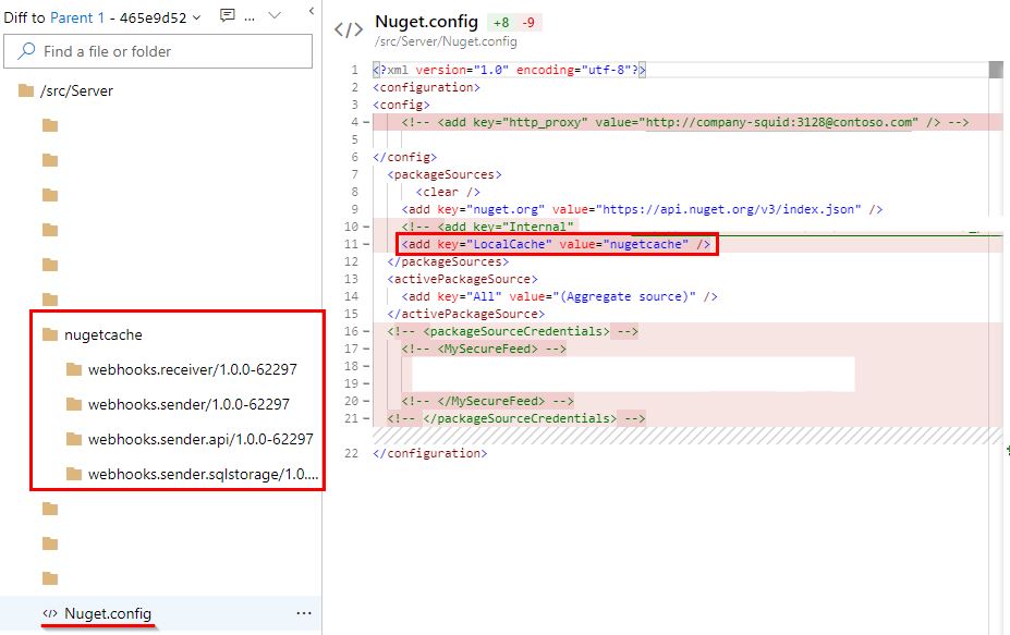 Screenshot showing Nuget.config file with local Nuget feed