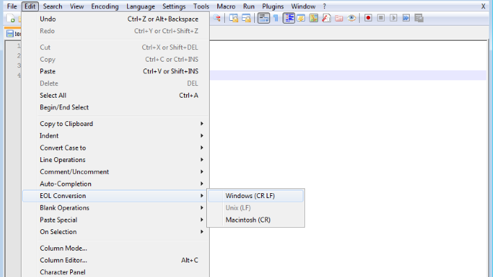 Notepad++ screenshot with Unix EOL conversion option shown